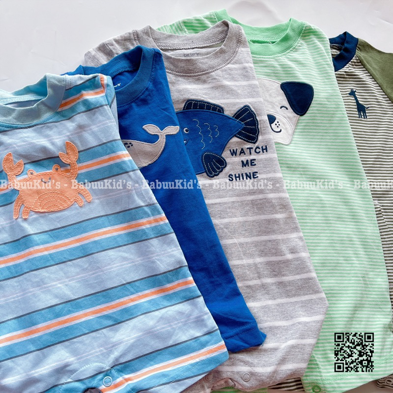 Bộ liền thân tay ngắn thêu nổi 3D, kẻ sọc, hoạt hình, mũ Romper body đùi bé trai xuất dư C.a.r.ter's