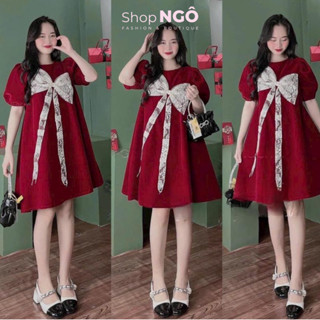Đầm váy nữ đi chơi TẾT,đầm nhung baby doll tay bồng đính nơ ren trắng 2 màu diện chơi noel xinh đầm  bầu bon chen