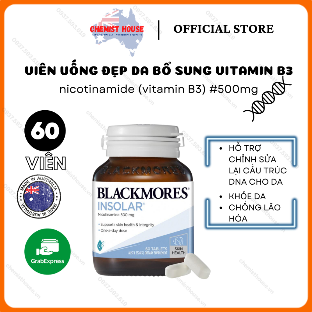 VIÊN UỐNG ĐẸP DA BỔ SUNG B3 NICOTINAMIDE BLACKMORE INSOLAR HIGH DOSE VITAMIN B3 500MG 60 VIÊN