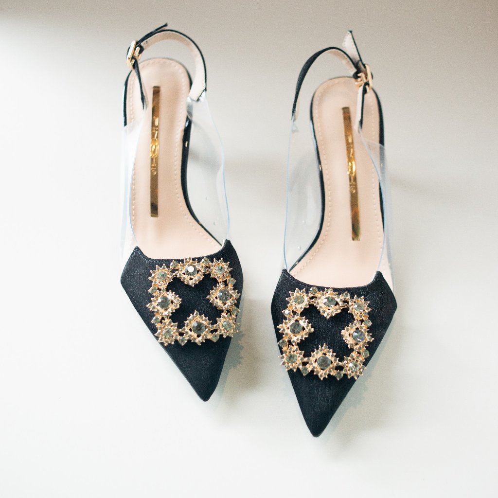 Giày hở gót nữ 5p mũi nhọn da vân mềm charm đá bít mũi thời trang công sở đẹp -Dazzling Shoes DA755