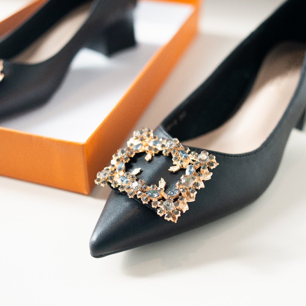 Giày Cao Gót Nữ Mũi Nhọn Mix Đá, Giày Cao Gót Đế Vuông Cao 4 Phân Da Mềm Cao Cấp_Dazzling Shoes DA761