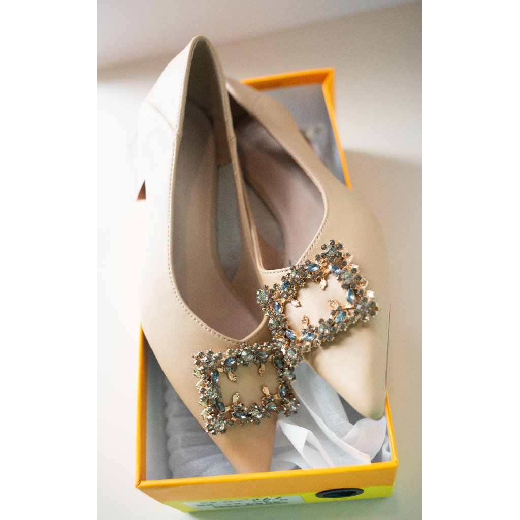 Giày Cao Gót Nữ Mũi Nhọn Mix Đá, Giày Cao Gót Đế Vuông Cao 4 Phân Da Mềm Cao Cấp_Dazzling Shoes DA761