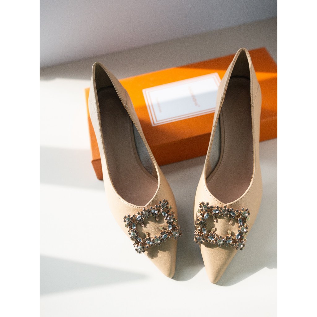 Giày Cao Gót Nữ Mũi Nhọn Mix Đá, Giày Cao Gót Đế Vuông Cao 4 Phân Da Mềm Cao Cấp_Dazzling Shoes DA761