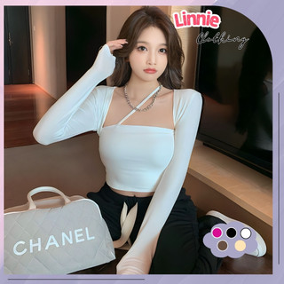 Áo croptop tay dài cổ vuông Linnie phối dây chéo cổ dáng áo ôm body tôn dáng chất vải mềm mại LNTD18