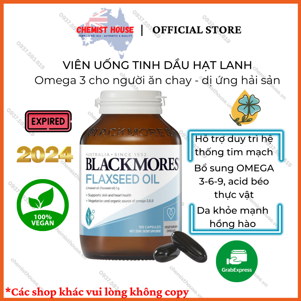 Viên uống tinh dầu hạt lanh Blackmores Flaxseed Oil 1000mg dành cho người ăn chay, dị ứng hải sản