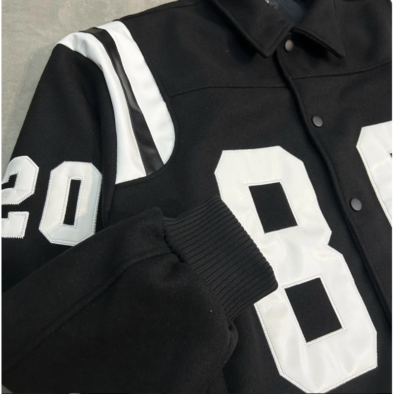 Áo khoác varsity vải dạ stussy 23Fw bomber boxy phối da 80 Thêu nam nữ unisex from rộng