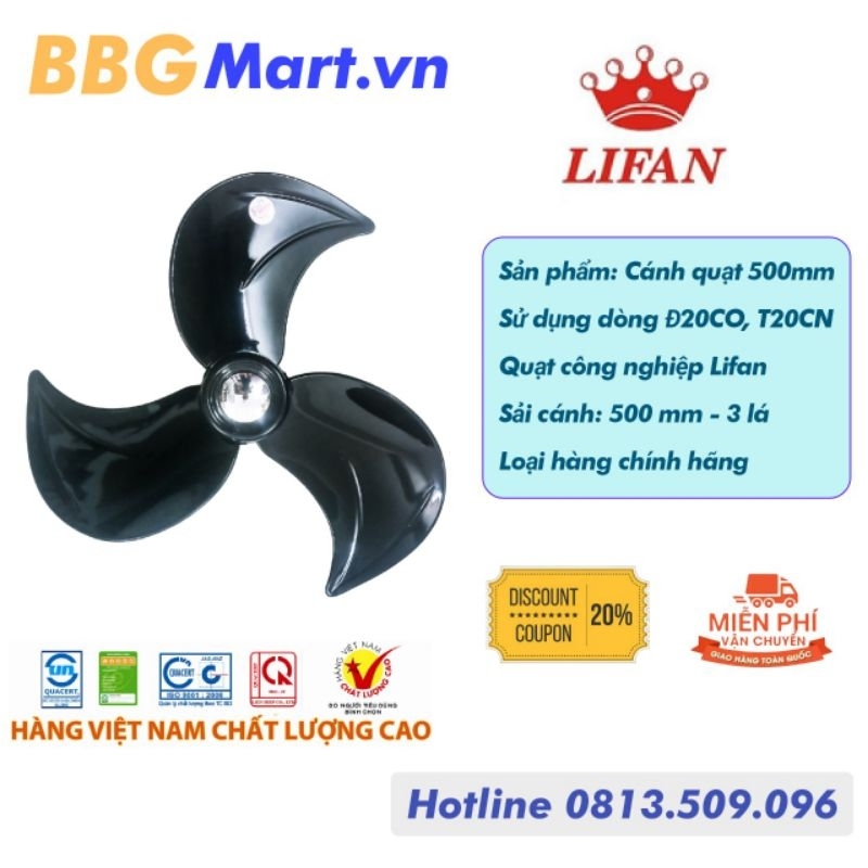 Cánh quạt công nghiệp B5 B6 Lifan Đ-20CO T-20CN S-20CN Sải cánh 500mm,cốt 10 li