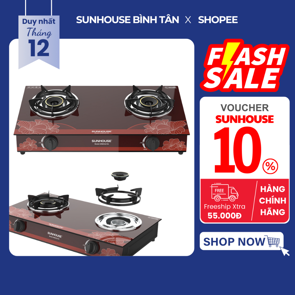 BẾP GAS ĐÔI MẶT KÍNH CƯỜNG LỰC SUNHOUSE SHB2106 - Gas tiết kiệm gas