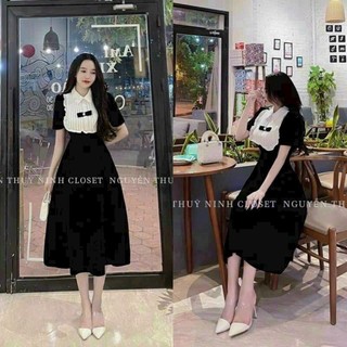 Đầm váy tiểu thư sang chảnh thiết kế nơ cổ bèo tay phồng dáng midi xoè có 2m đen, đỏ