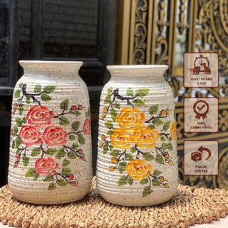 Bình hoa gốm Bát Tràng cao cấp cắm hoa vẽ tay thủ công trên nền men mộc vintage trang trí phòng khách đẹp |TN CRM
