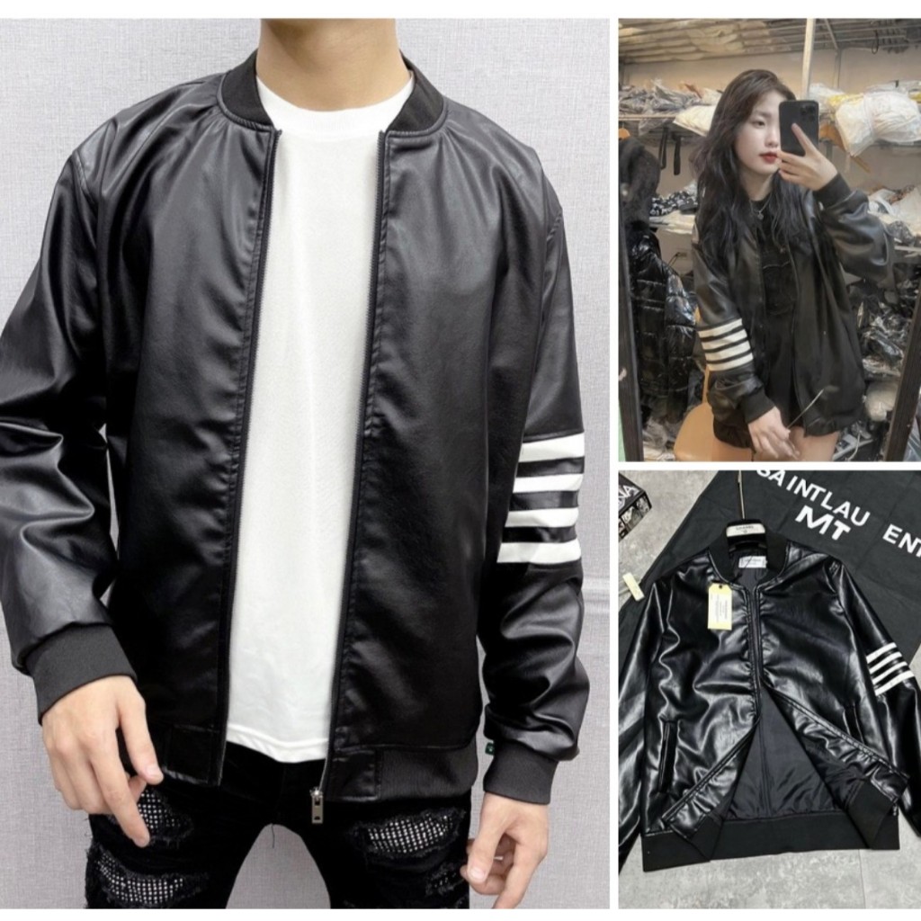 Áo Khoác Bomber Da 4 Sọc tay nam nữ Phối Đồ Sang Trọng