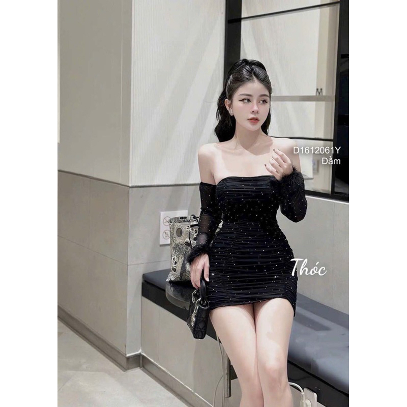 Đầm body lưới trễ vai tay dài đính hạt sang trọng VIENS STORE