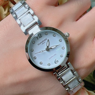Đồng Hồ Nữ Sunrise JAPAN WATCH Thiết Kế Mặt Tròn Đơn Giản Dây Thép Trộn Đá Cao Cấp Chống Nước