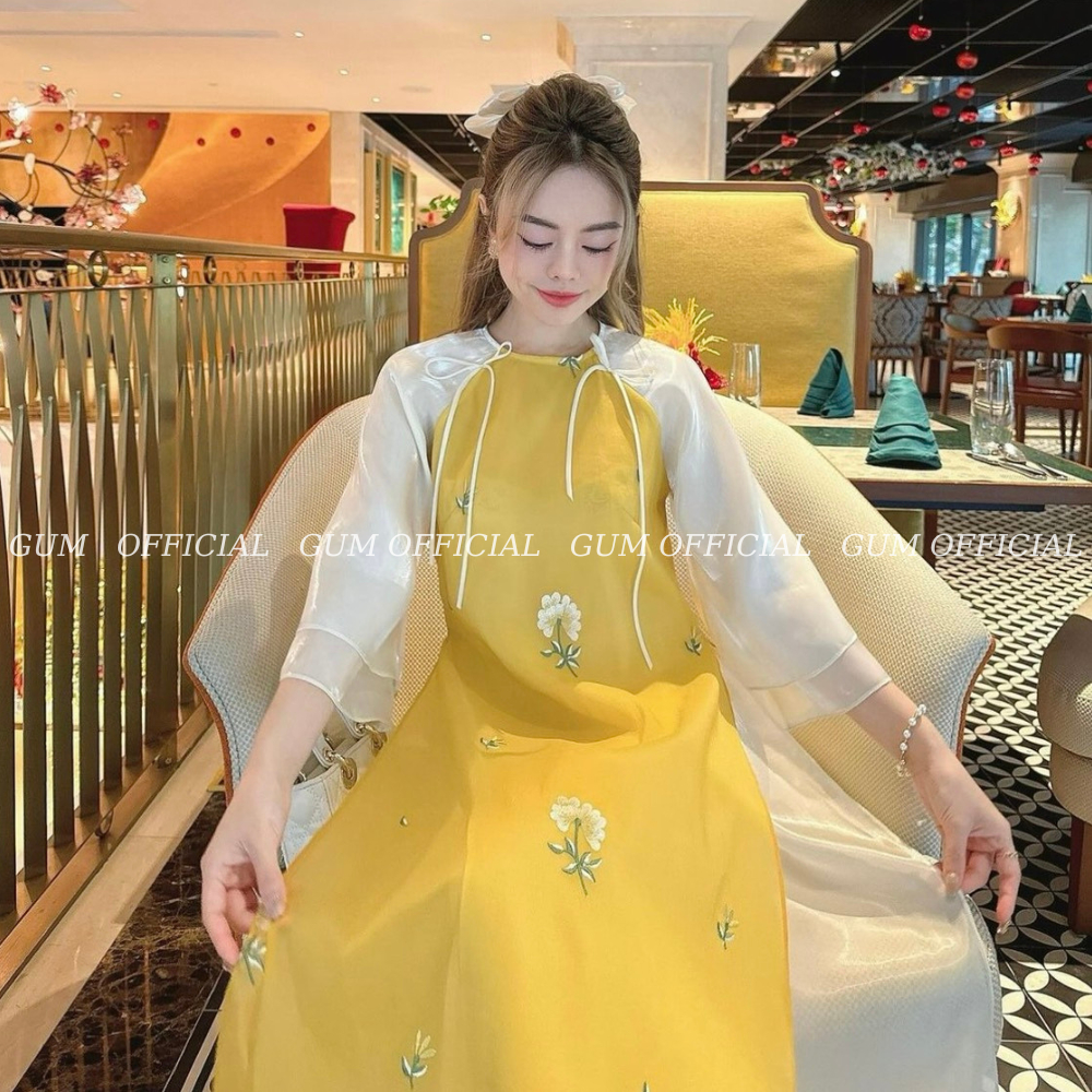 Áo dài cách tân 4 tà Đường Yên  màu vàng thêu hoa GUM OFFICIAL , Set áo dài Tết thêu Hoa tay bồng 2 lớp