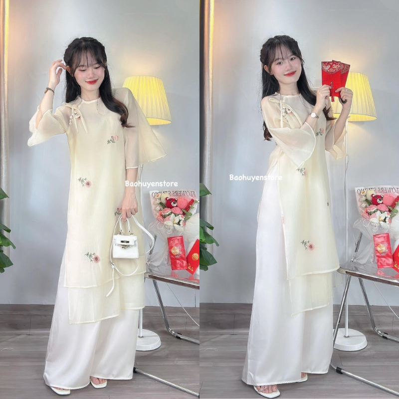 Áo dài cách tân 4 tà dáng suông thêu hoa nổi siêu xinh GUM OFFICIAL, Áo dài cách tân hoa cúc thêu nổi 4 màu