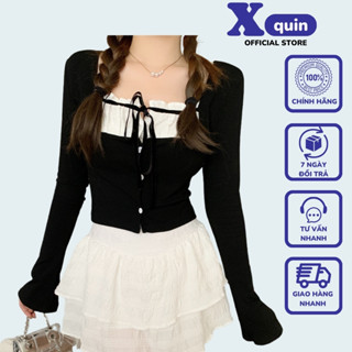 Áo thun nữ dáng croptop tay dài cổ vuông cột nơ trước ngực Xquin, Áo croptop nữ tay dài cài nút phong cách tiểu thư