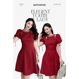 Đầm Váy Nữ Thiết Kế Tinh Tế Khoét Vai Tay Phồng Cổ Kết Bông Chất Bố Xước Dáng Ngắn Xoè