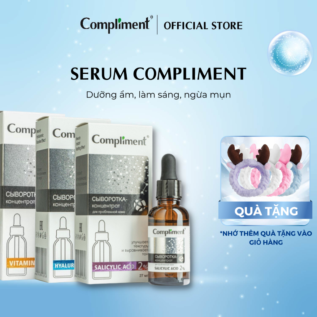 Serum Compliment No problem chứa bha, hyaluronic, vitamin c giúp hỗ trợ giảm mụn, phục hồi và làm đều màu da 27ml