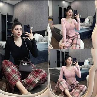 Set Bộ Đồ Nữ Áo Cổ Tròn Dài Tay + Quần Ống Suông Dạ Bản Cạp Lưng Chun Mềm Mại Thoải Mái Dễ Mặc Hàng Loại 1