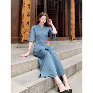 Pháp phục - đồ lam đi chùa họa tiết thêu hoa from rộng pháp phục trường tuệ
