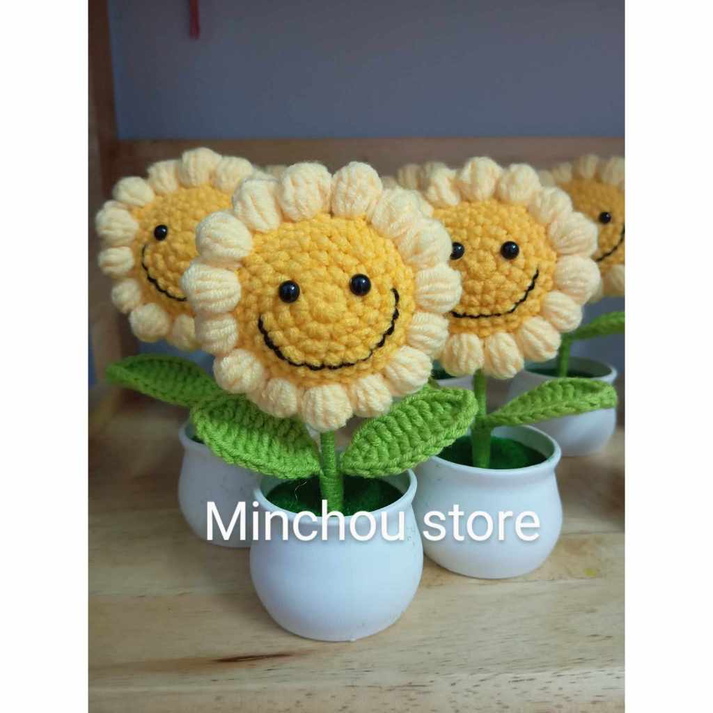 Chậu hoa hướng dương để bàn. Chậu hoa len handmade