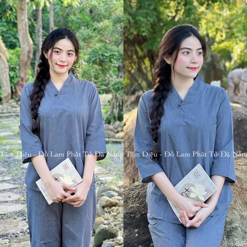 Set Xô Tici Xéo 1 Nút Vải Màu Nâu Đồ Lam Phật Tử Đi Chùa