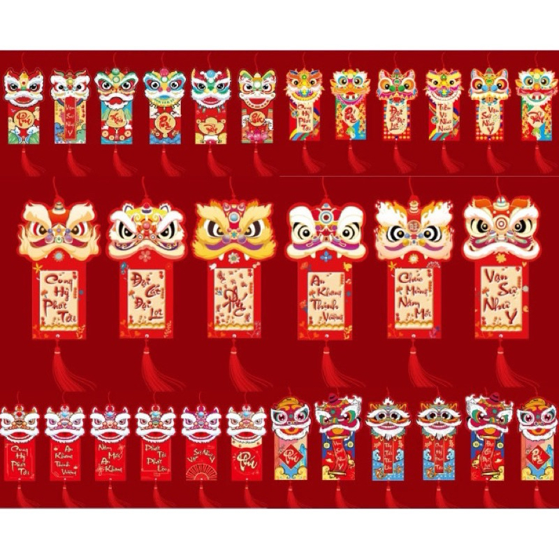 Set 5 tag treo trang trí Tết 20245 Dây liễn trang trí cây đào quất, vòng đào, mẹt oản hình lân