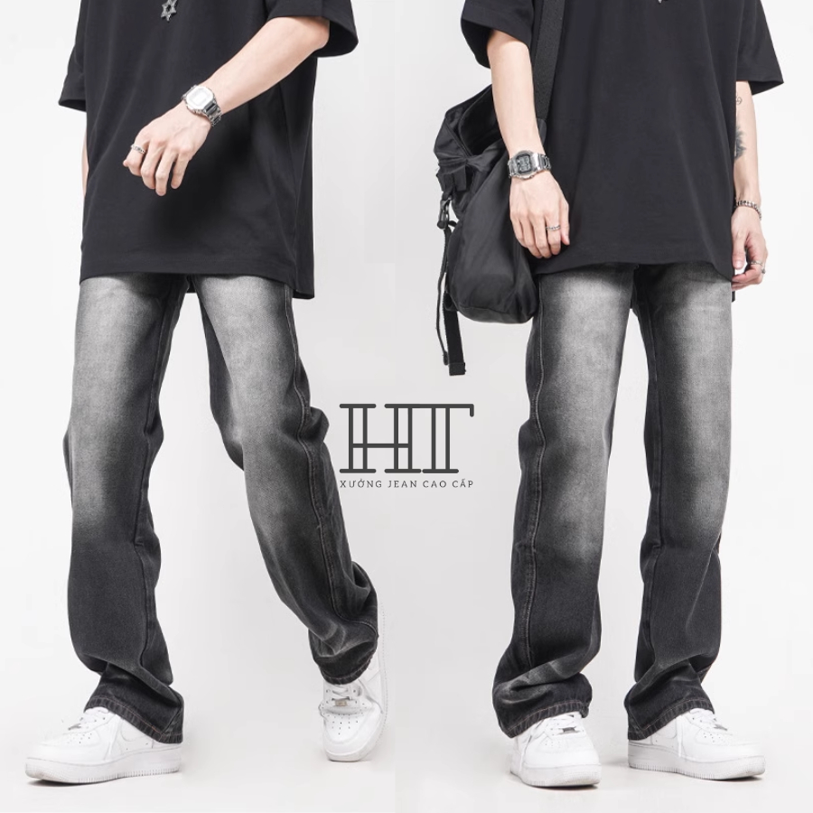 Quần Jean Nam Baggy Cạp Cao Wash HT Store, Quần Jean Nam Ống Suông Loang Khói Chất Liệu Cao Cấp
