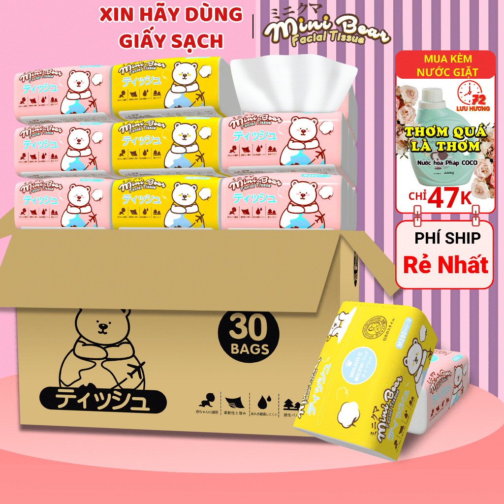 Giấy ăn minibear cho bé, thùng 30 gói khăn giấy khô thêm dày cao cấp Nhật Bản, 100% bột gỗ nguyên sinh, thích hợp cho bé