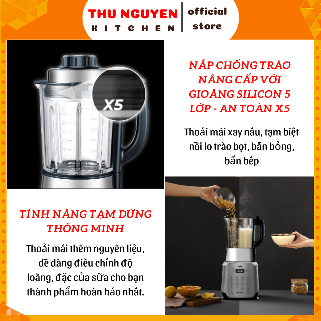 Máy sữa hạt đa năng Unie V9S-10 chương trình nấu cài sẵn -Công suất 1800W-Thể tích 1.75 Lít có giọng nói-Cối dày 5 lớp