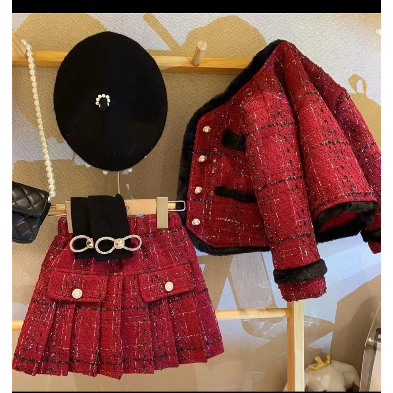 Set Váy Dạ Đỏ Viền Lông hàng Quảng Châu cao cấp cho bé gái