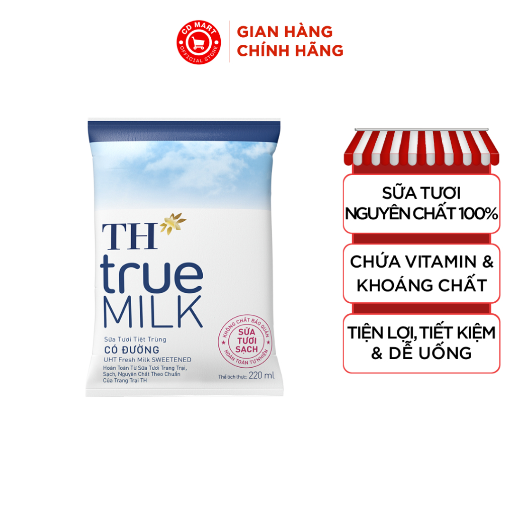 Thùng 48 bịch sữa TH true MILK có đường 220ml