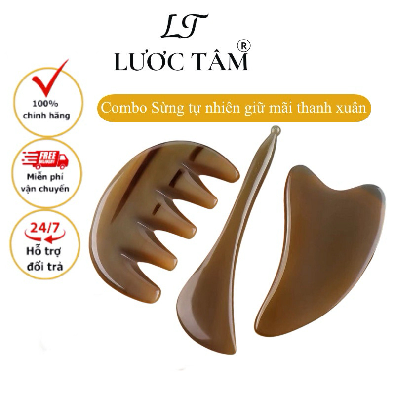 Bộ 3 dụng cụ massage bằng sừng guasha mặt nâng cơ giảm nhăn làm đẹp da chính hãng LƯỢC TÂM cao cấp