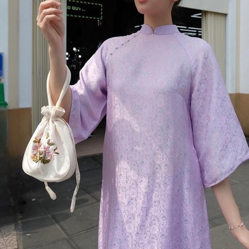 HOẢ TỐC Túi Xách Cầm Tay thêu hoa ruy băng vải satin bóng trơn làm phụ kiện cho áo dài, yếm ngày tết