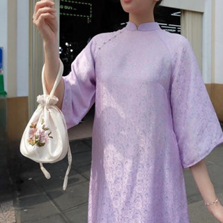 HOẢ TỐC Túi Xách Cầm Tay thêu hoa ruy băng vải satin bóng trơn làm phụ kiện cho áo dài, yếm ngày tết