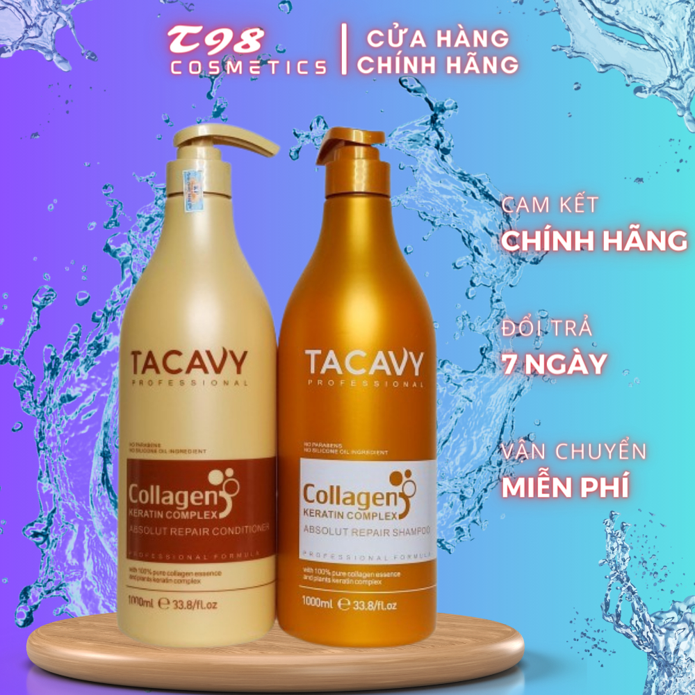 Cặp dầu gội xả TACAVY Collagen 1000ML PHỤC HỒI HƯ TỔN, KHÔ XƠ GÃY RỤNG - T98 COSMETICS