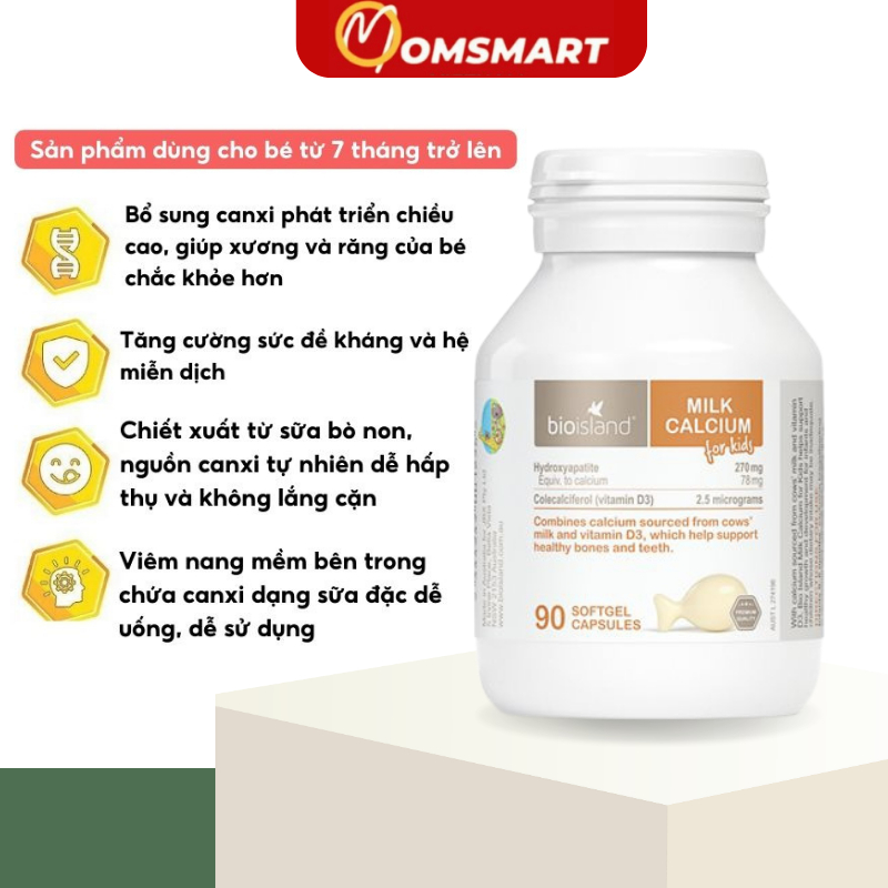 Canxi sữa Bioisland Milk Calcium, Úc (90 viên) bổ sung canxi phát triển xương và răng cho bé