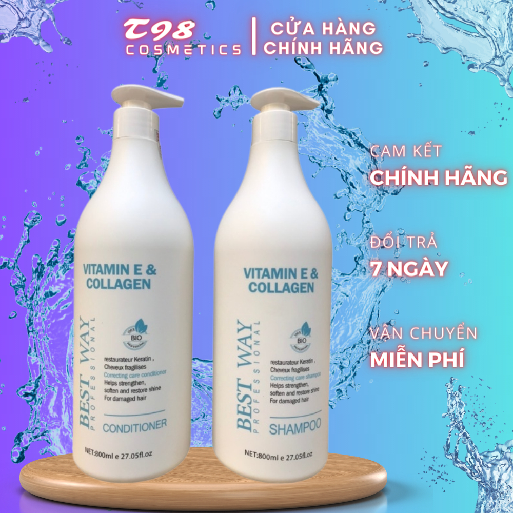 CẶP GỘI XẢ BEST WAY VITAMIN E & COLLAGEN NUÔI DƯỠNG VÀ PHỤC HỒI 800ML - T98 COSMETICS
