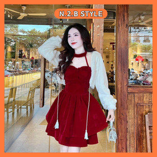  Set đồ nữ Áo khoác lông thỏ croptop mix đầm nhung đỏ 2 dây cổ yếm phong cách tiểu thư cho các nàng đón lễ Noel và Tết 