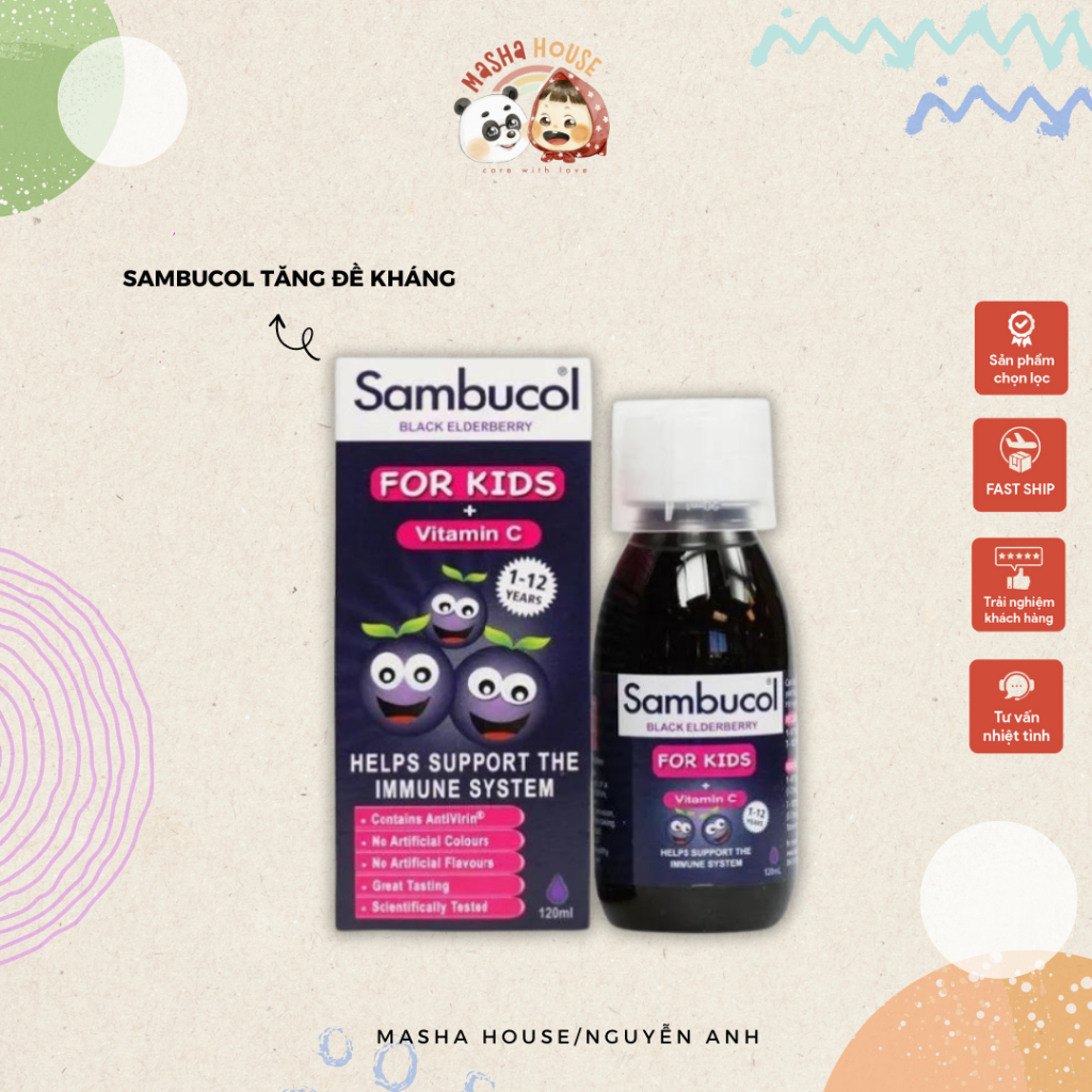 SAMBUCOL Tăng Đề Kháng Cho Bé Từ 1 đến 12 Tuổi, Chiết xuất từ Quả Cơm Cháy Đen 120ml