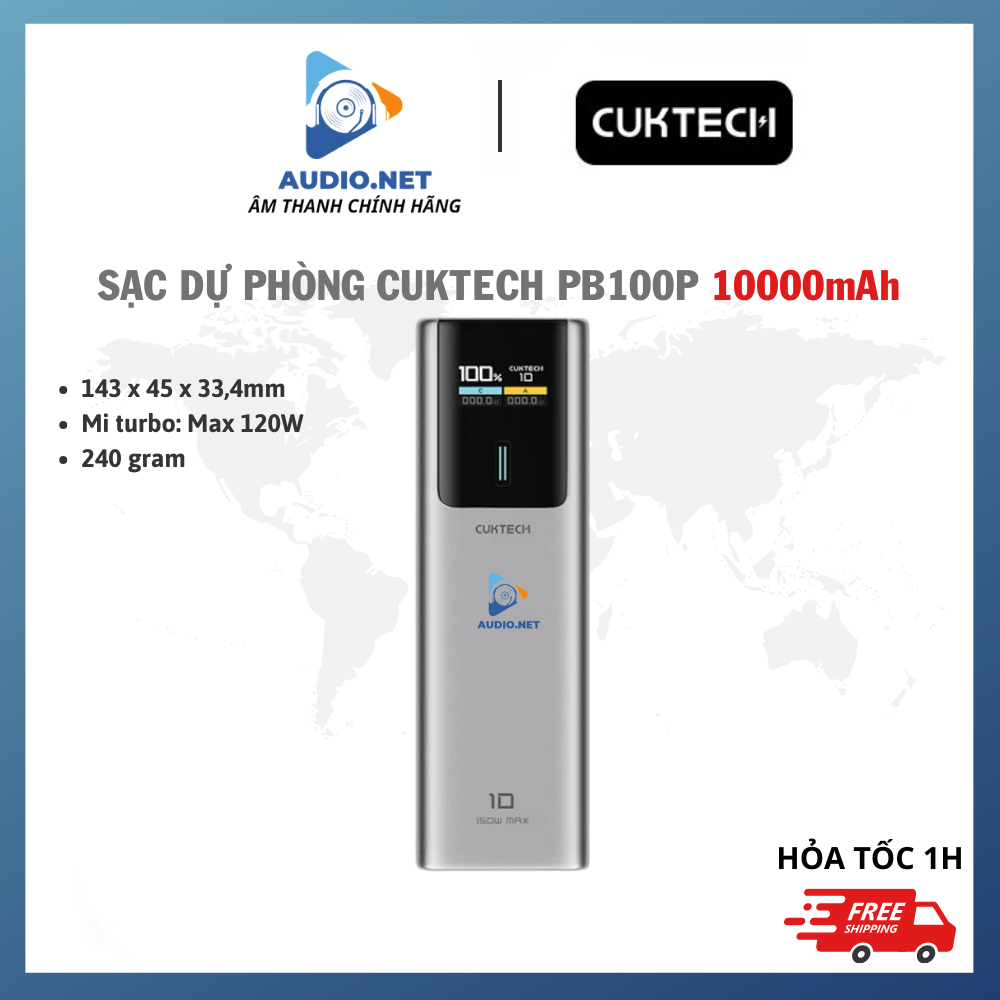 Sạc Dự Phòng Cuktech Mi Turbro 120W PB100P 10000mAh 1C1A 150W PD 3.0 PPS5A QC - Bảo Hành 12 Tháng