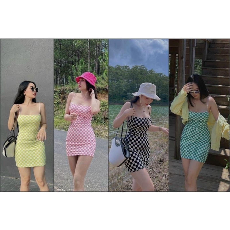 Đầm body 2 dây sợi bún váy ôm kẻ họa tiết caro thời trang
