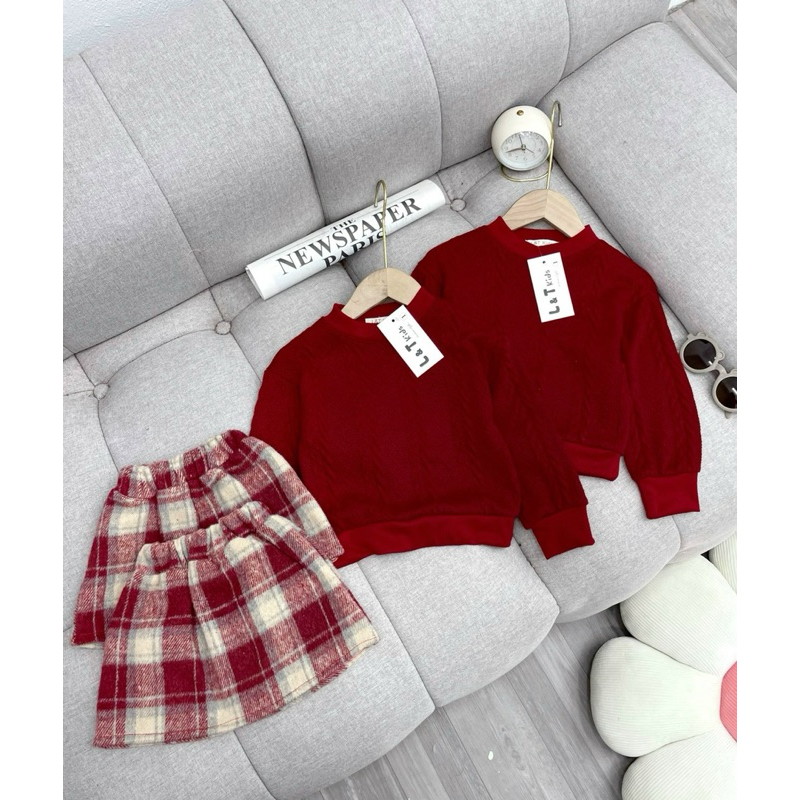 Set Áo Nỉ Chân Váy Kẻ dạ hàng đẹp cho bé gái