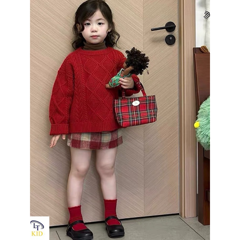 Set Áo Nỉ Chân Váy Kẻ dạ hàng đẹp cho bé gái
