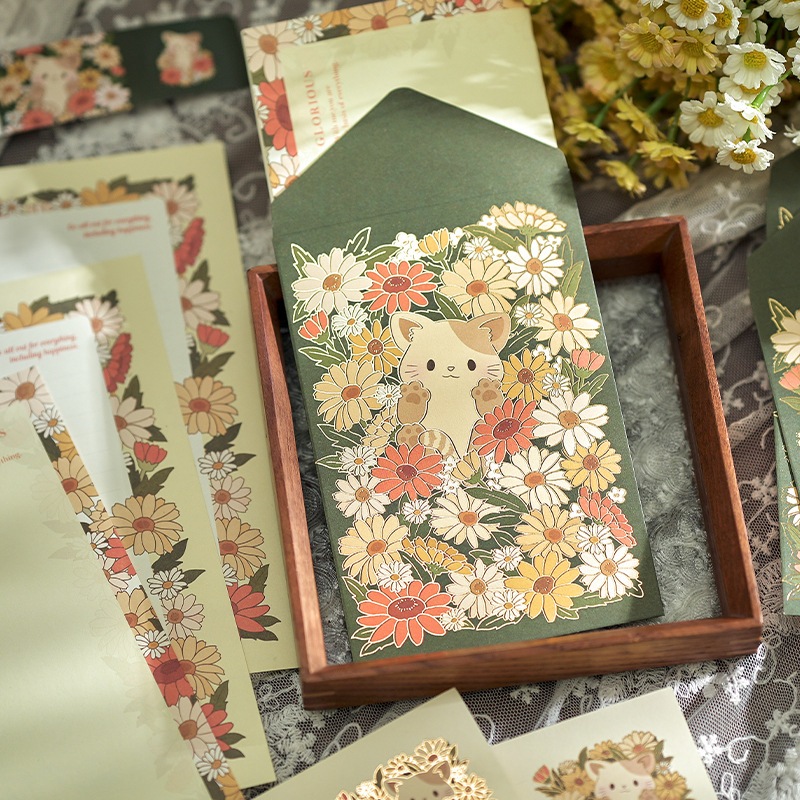 Set Thiệp Giấy Viết Thư 1 Phong Bì 2 Tờ Giấy và Sticker Hoa và Động Vật Vintage
