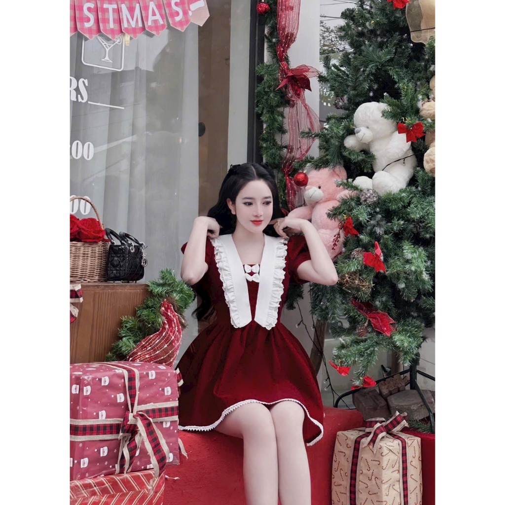 Đầm váy nhung phối cổ bèo dài chạy viền ren đáng xoè trẻ trung dễ thương Gs0218