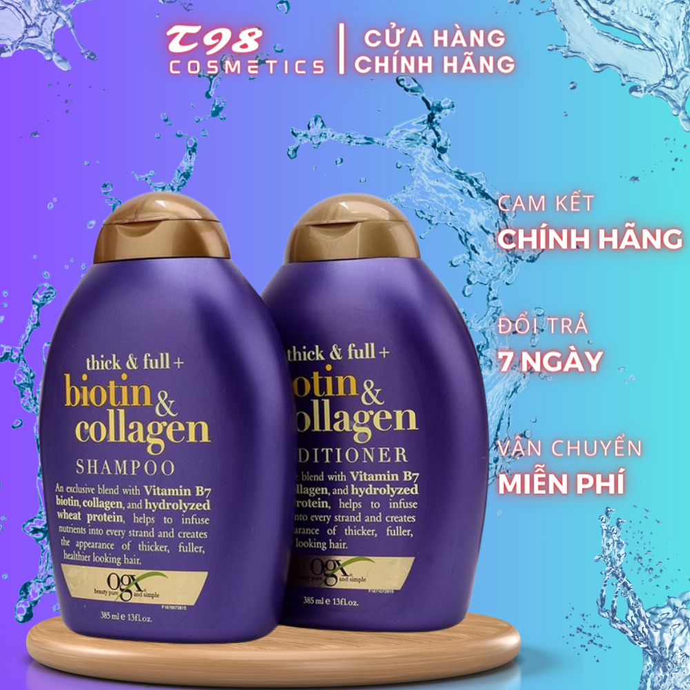Cặp Dầu Gội Xả Biotin Collagen Tím OGX Thick & Full + Biotin & Collagen 385ml dưỡng mọc tóc và giảm gãy rụng