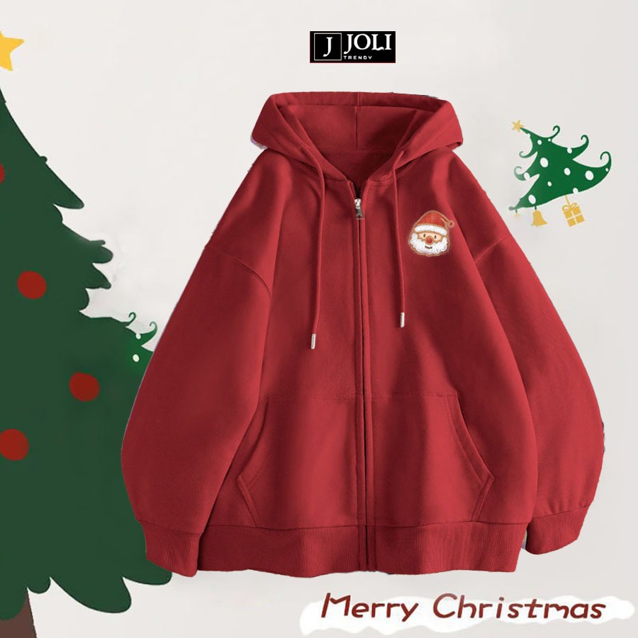 Áo Hoodie Zip, Áo Khoác Nam Nữ Unisex By JOLI Mã Ông Già Noel Mini Chất Nỉ Bông Form Rộng Mũ 2 Lớp