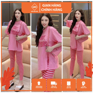 [KÈM ẢNH VIDEO THẬT] (Có bigsize 85kg)Đồ Bộ Nữ Quần Legging Áo In Chữ Xẻ Tà Mặc Nhà Đẹp
