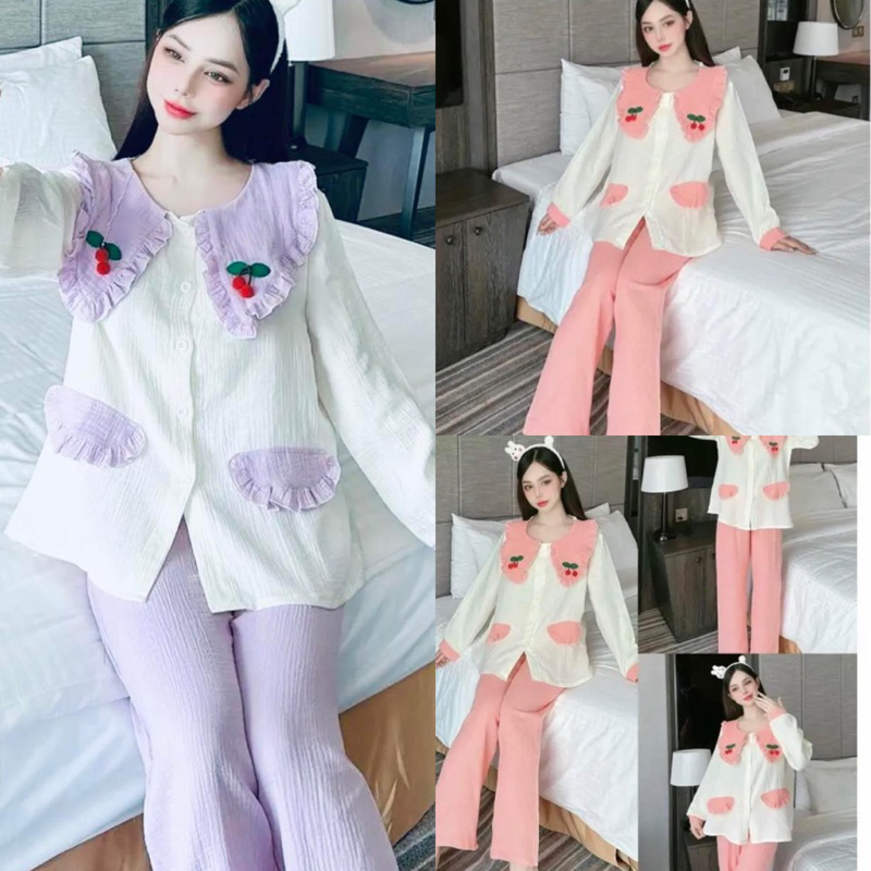 Bộ Pijama đũi tay dài quần dài cổ bèo nhọn quả cherry